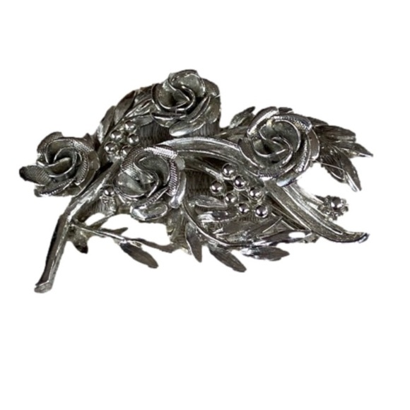 Vintage Silver Tone Roses Brooch - Picture 1 of 10